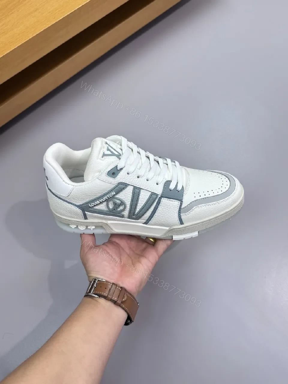 View 8 of White Leather Sneaker with Subtle LV-Inspired Accents