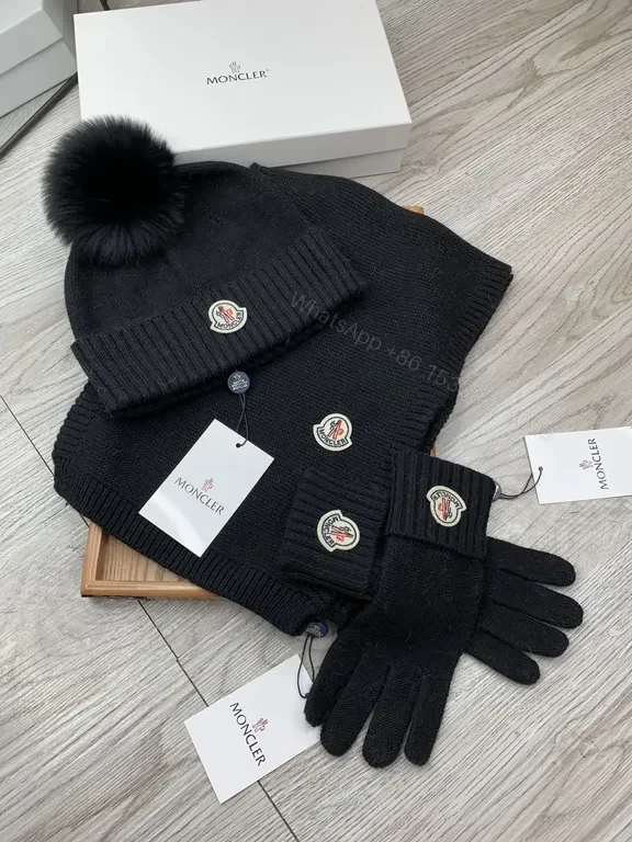 View 4 of Moncler Black Knit Winter Accessories Set: Beanie, Scarf, Gloves