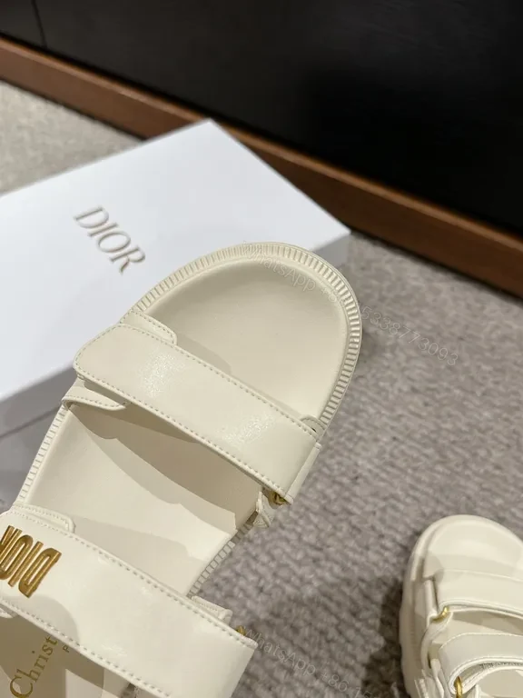 View 3 of Chunky White Leather Sandals with Gold Branding, Dior-Inspired