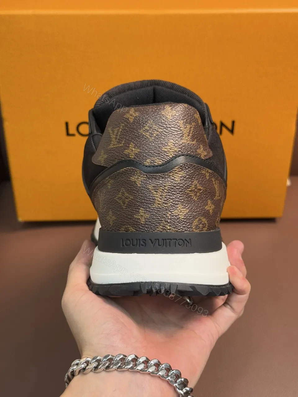 View 3 of Brown Monogram-Texture Sneakers with White Accents, Low-Top Style