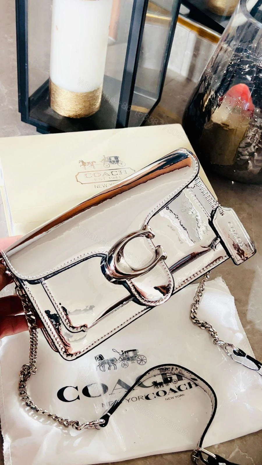 View 2 of Coach Tabby Metallic Genuine Calf Leather Bag Silver First Copy | AAA+ Replica