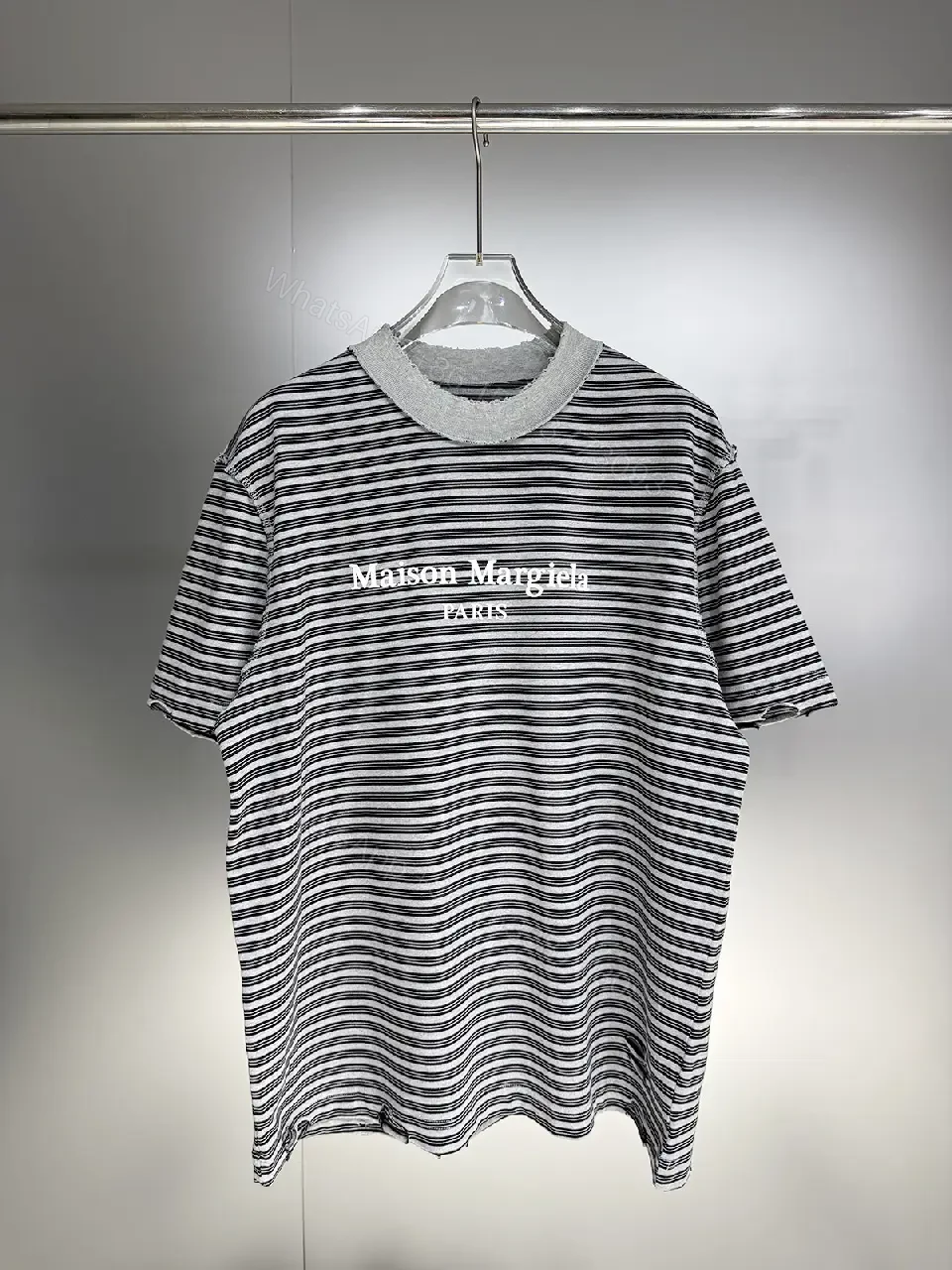 View 7 of Striped Cotton Tee | Rib Knit Crew Neck | Subtle Logo Everyday Wear