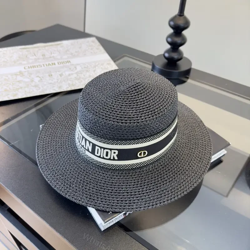 Dark Gray/Black Straw Fedora-Round Crown Hat with Dior Ribbon — view 1