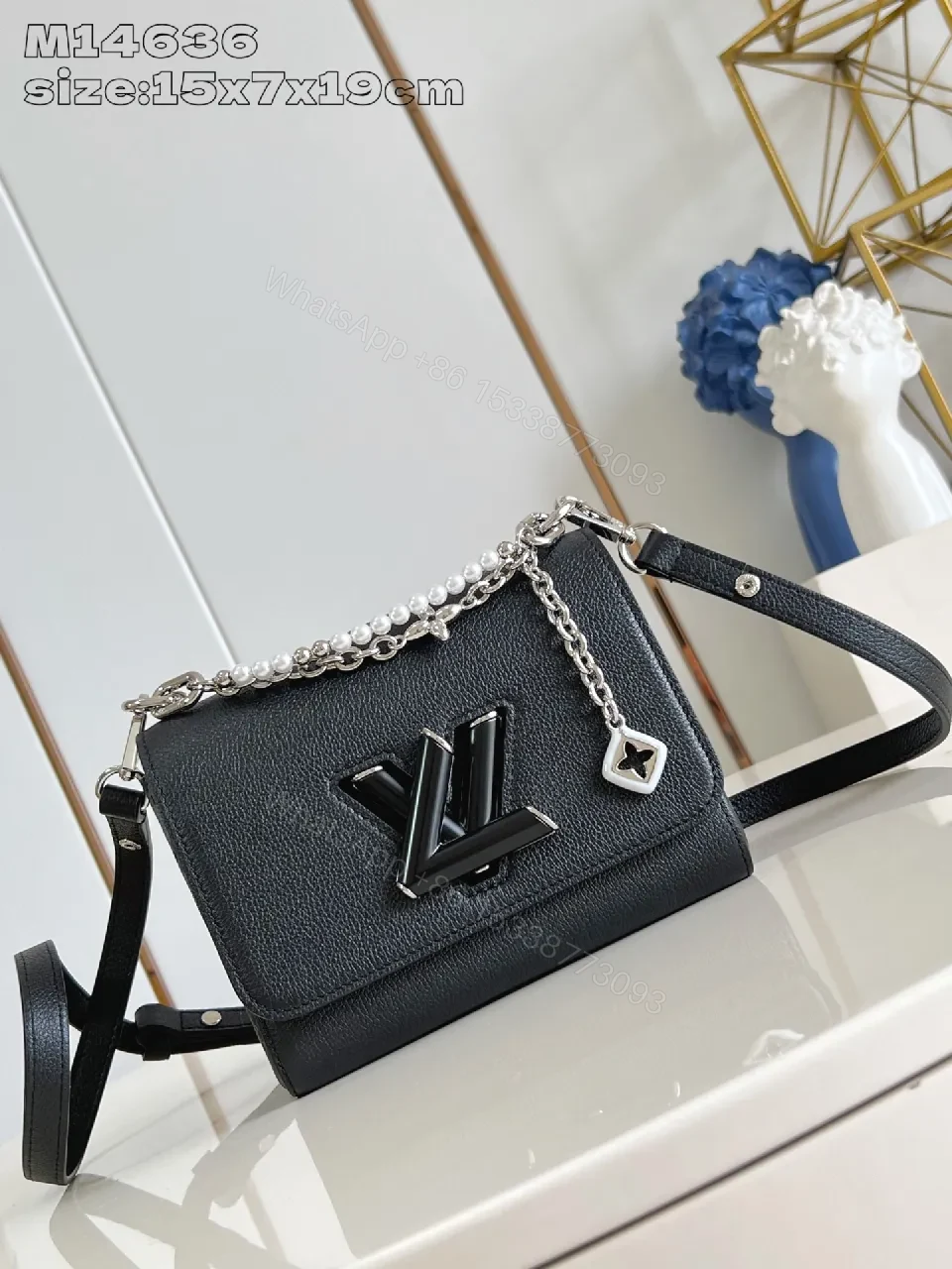 Chic Pebbled Leather Crossbody: Pearl & Chain Detail — view 1