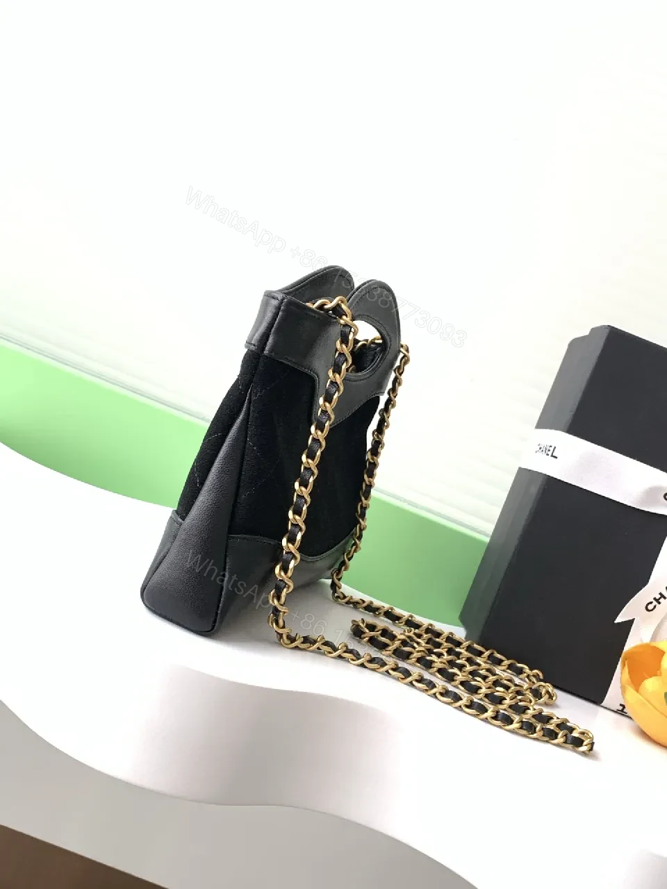 View 6 of Quilted Satin-Trim Handbag with Gold Chain