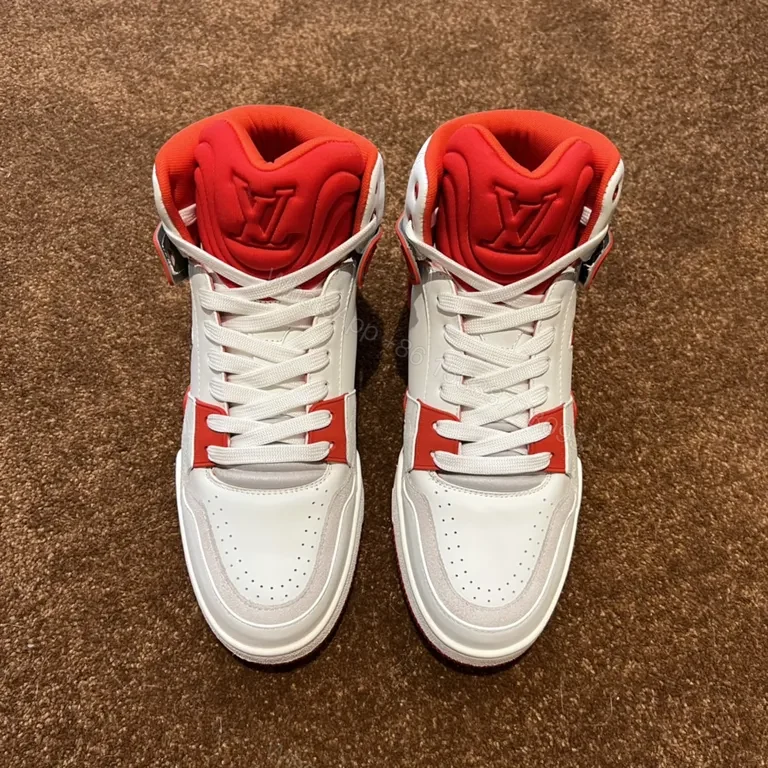 Statement LV-Inspired White-Red Leather High-Tops, Designer-Edge Sneakers — view 1