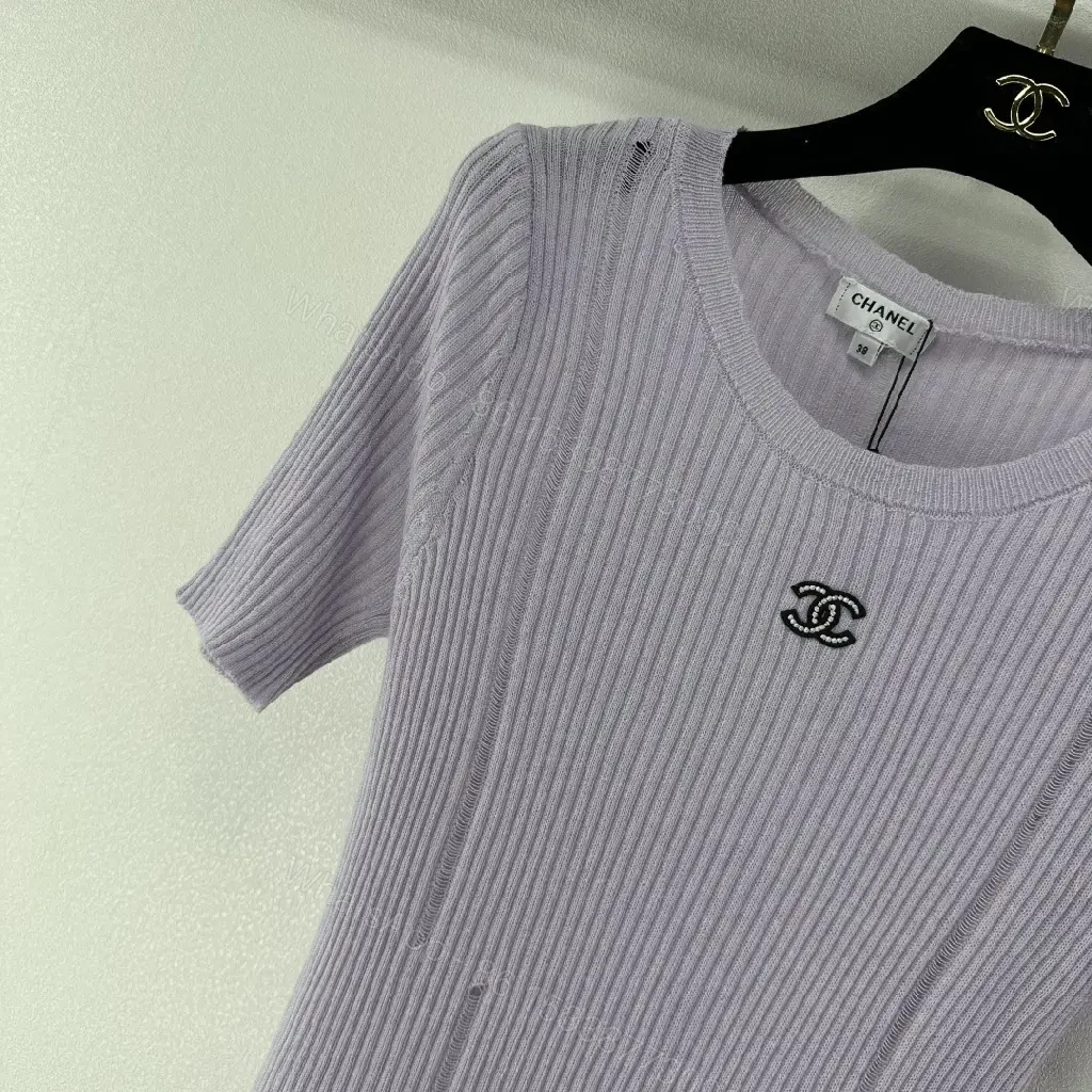 View 4 of Soft Lilac Knit Tee: Subtle Emblem, Effortless Luxury Top