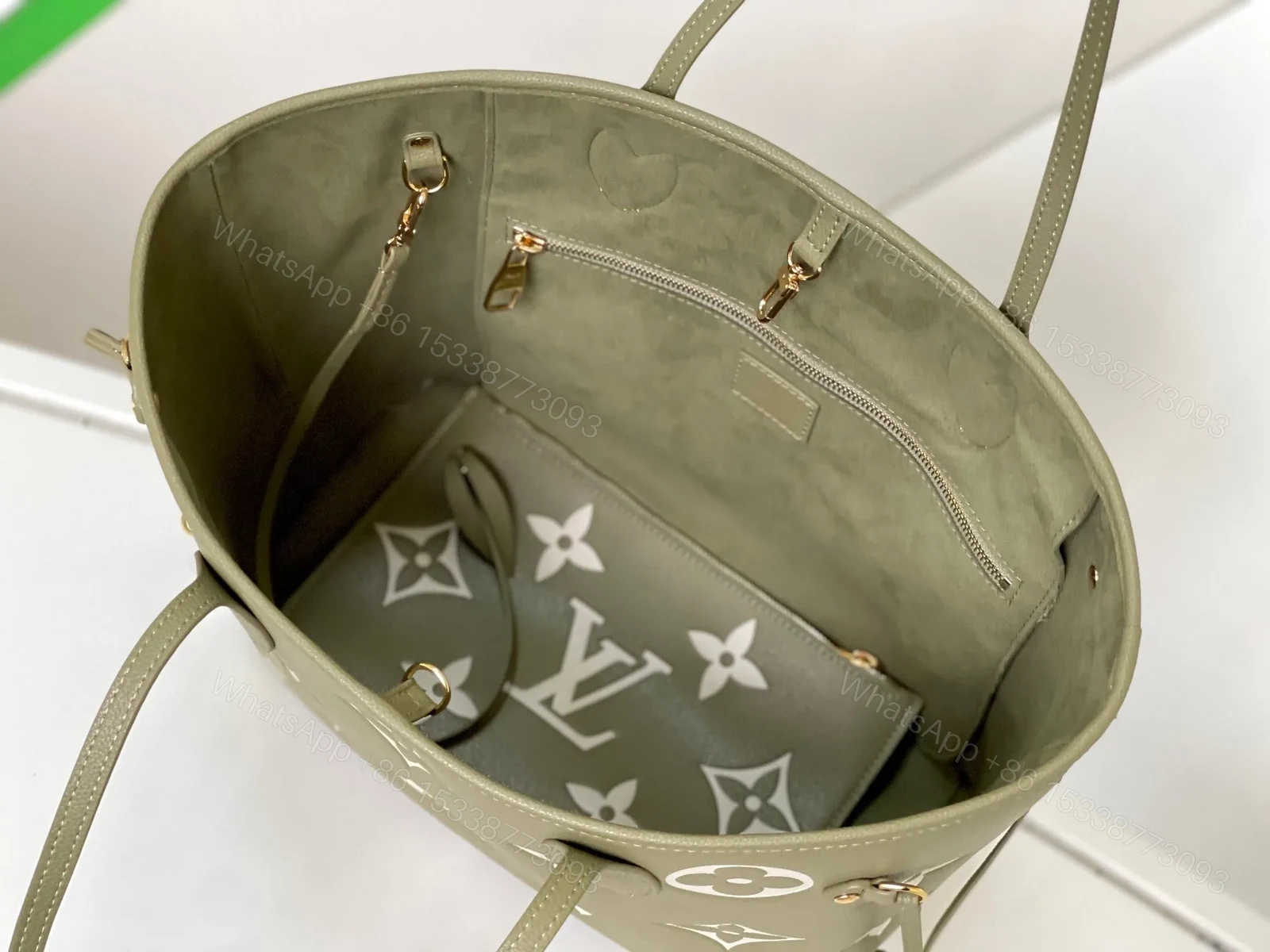 View 9 of LV NEVERFULL MM KHAKI CREAM MONOGRAM EMPREINTE LEATHER