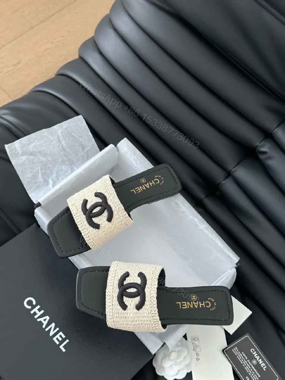 View 2 of Beige Canvas Slides with Interlocking Logo, Luxe-Style Comfort