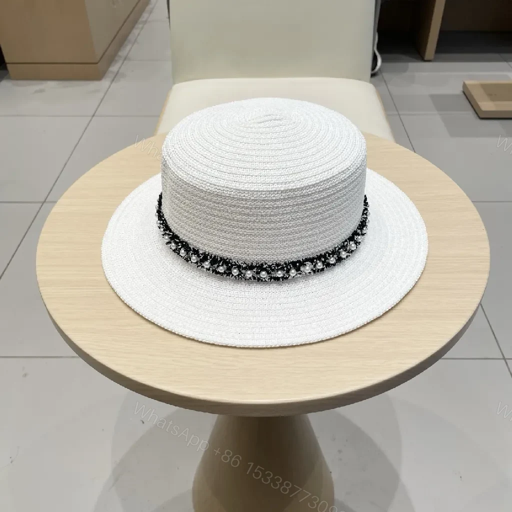 View 6 of White Straw Hat - Braided Texture, Chain Detail, Wide Brim