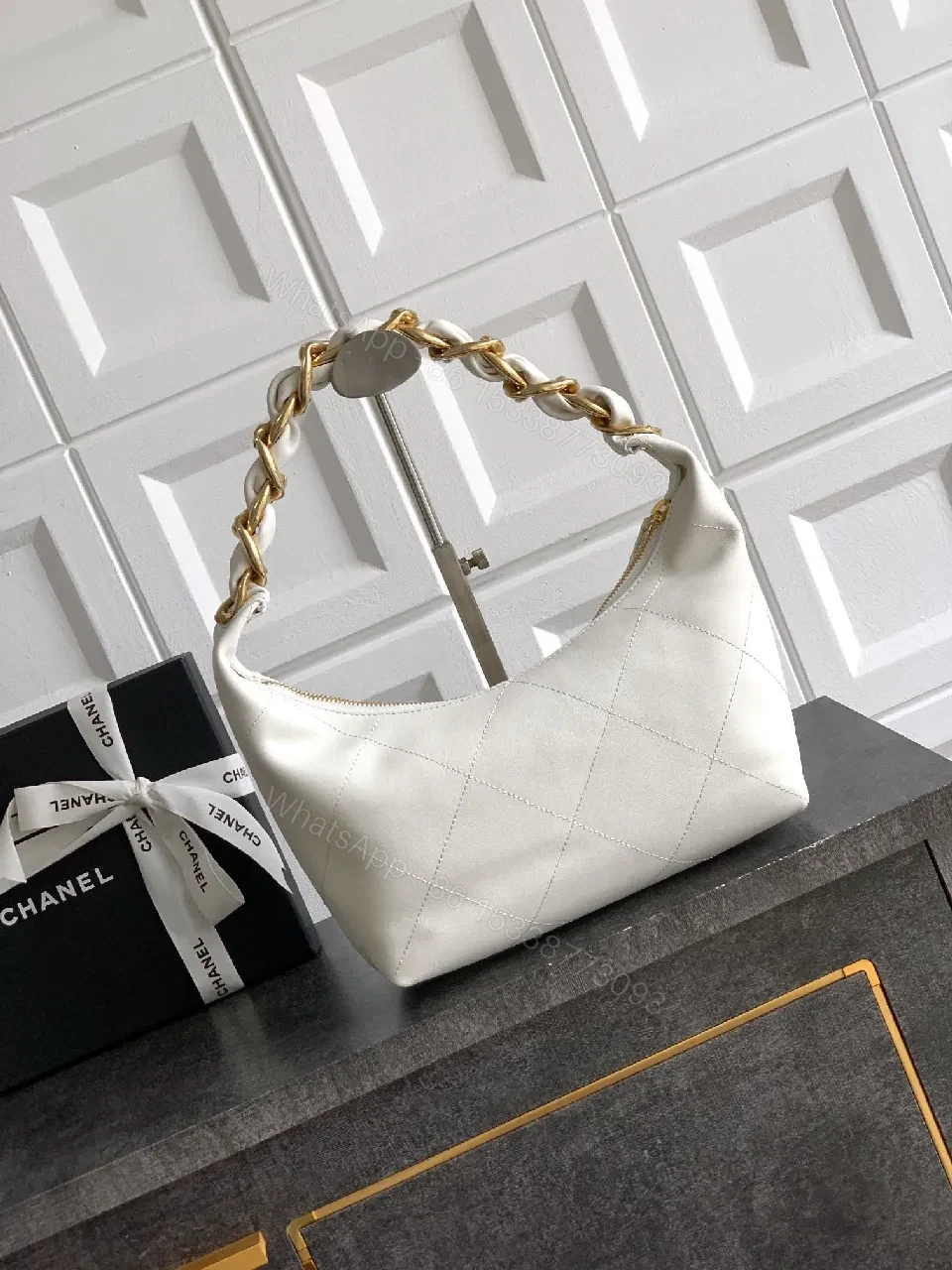 View 8 of White Quilted Leather Handbag with Gold Chain