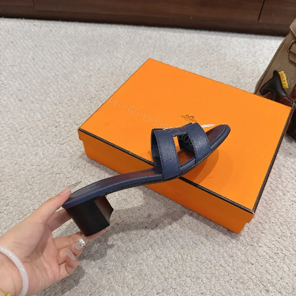 View 9 of Navy Leather Hermès-Inspired Sandals Blue Slide Sandals