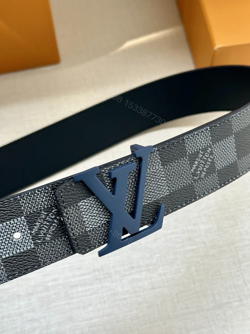View 4 of Monochrome Checkered Belt with LV Buckle - Premium Leather Belt