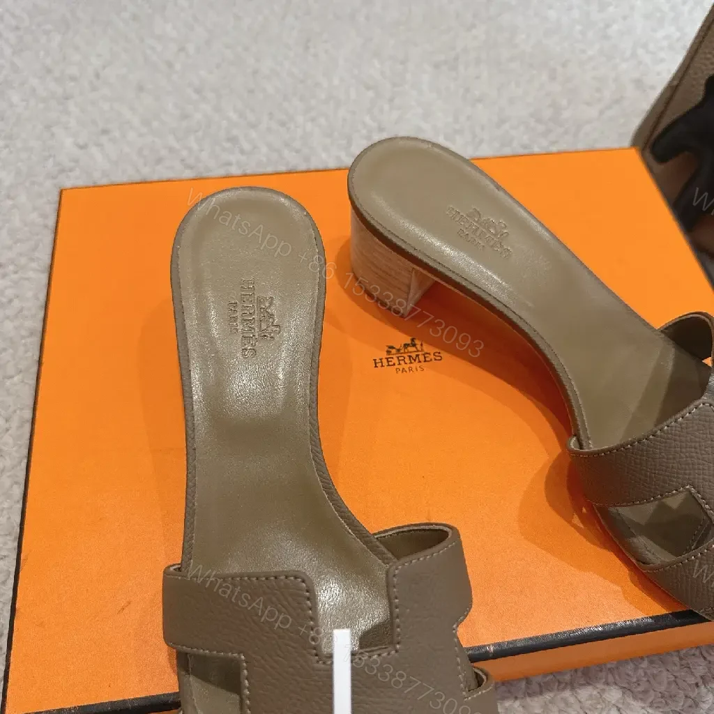View 4 of Brown Leather Hermes-Style Heeled Sandals, Grained, Open-Toe, Signature Buckle, Sandal Type