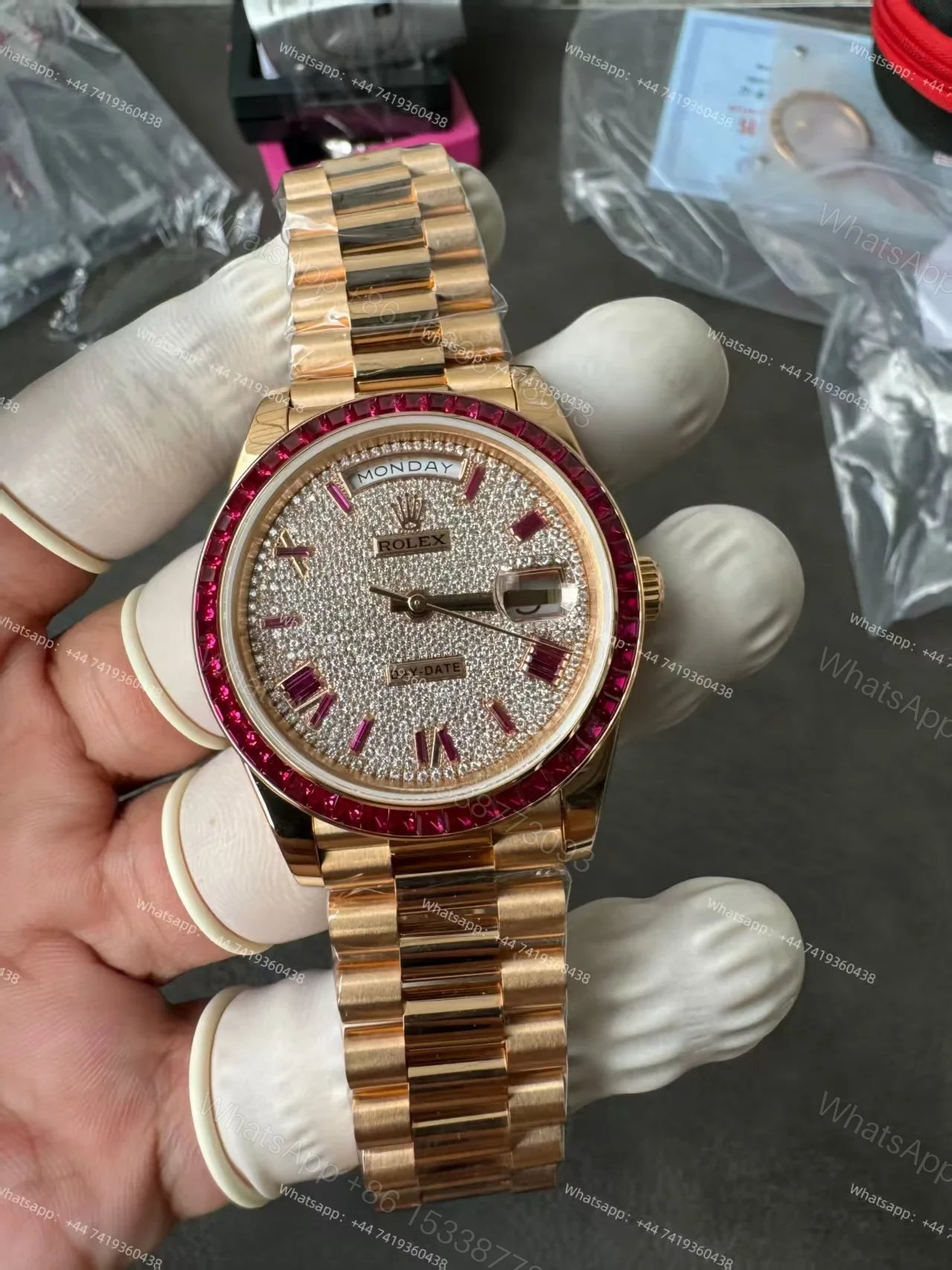 View 12 of Rolex Day-Date 228398TRU 1:1 Custom Edition Ruby & Moissanite Diamond Dial and Bezel 40MM 3255 Movement Super Clone Watch