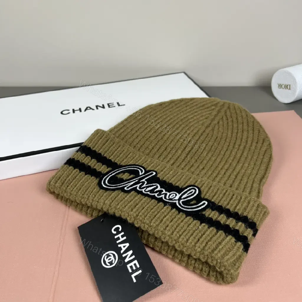 View 6 of Tan Knit Beanie Ribbed Knit Folded Cuff CHANEL Logo Embroidery Beanie