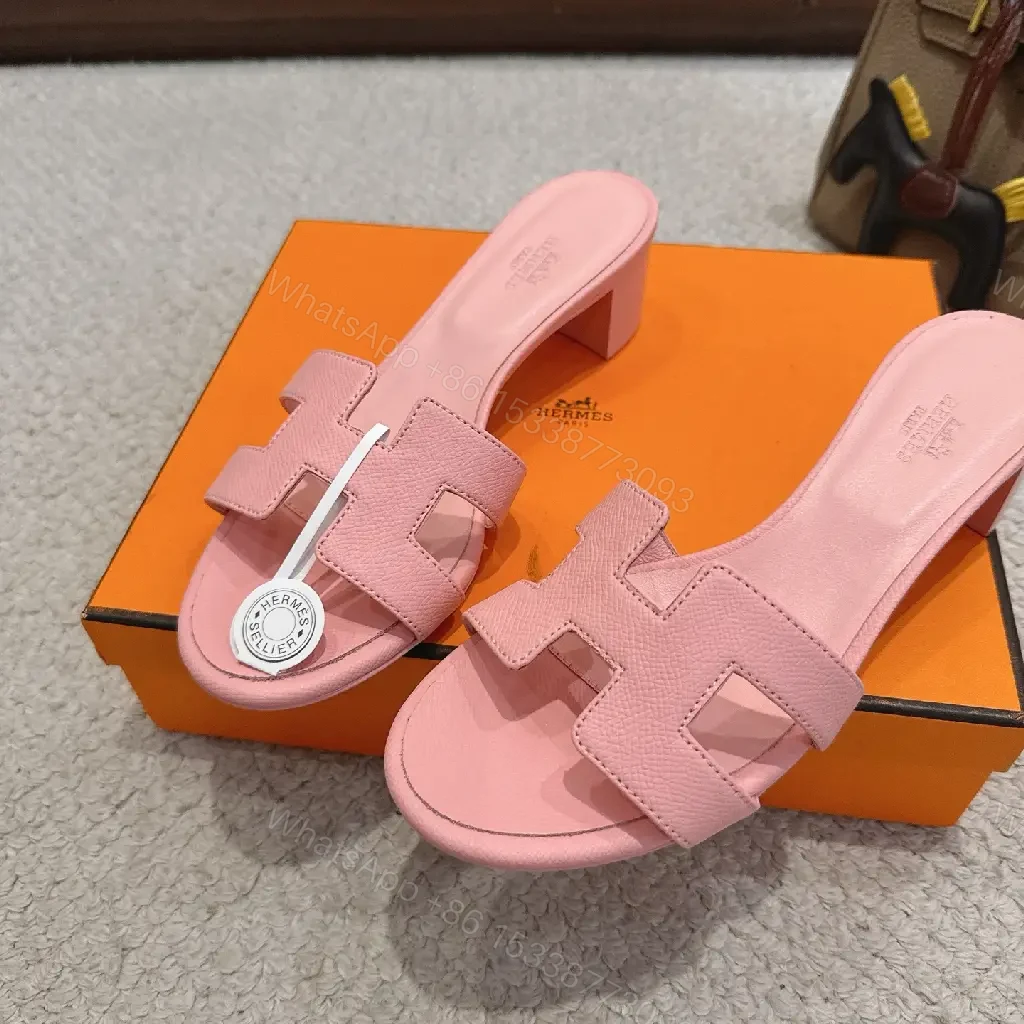 View 8 of Pink Leather H-Style Slide Sandals, Hermès-Inspired, Classic Platform Slide