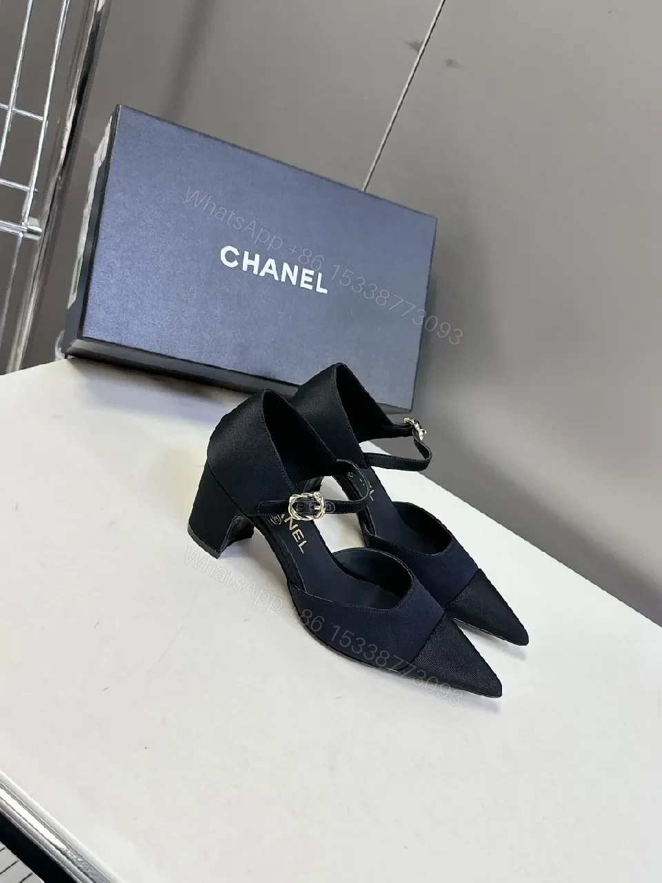 View 8 of Chic Black Pointed-Toe Heels with Ankle Strap