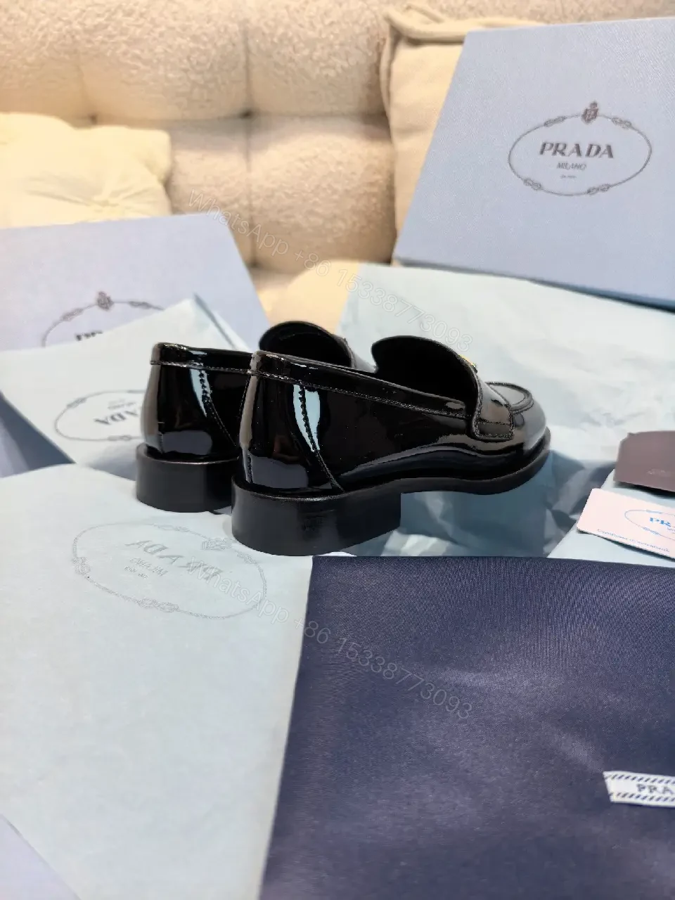 View 4 of Black Patent Leather Loafers Prada Style Feature: Logo Detail Shoe Type: Loafers