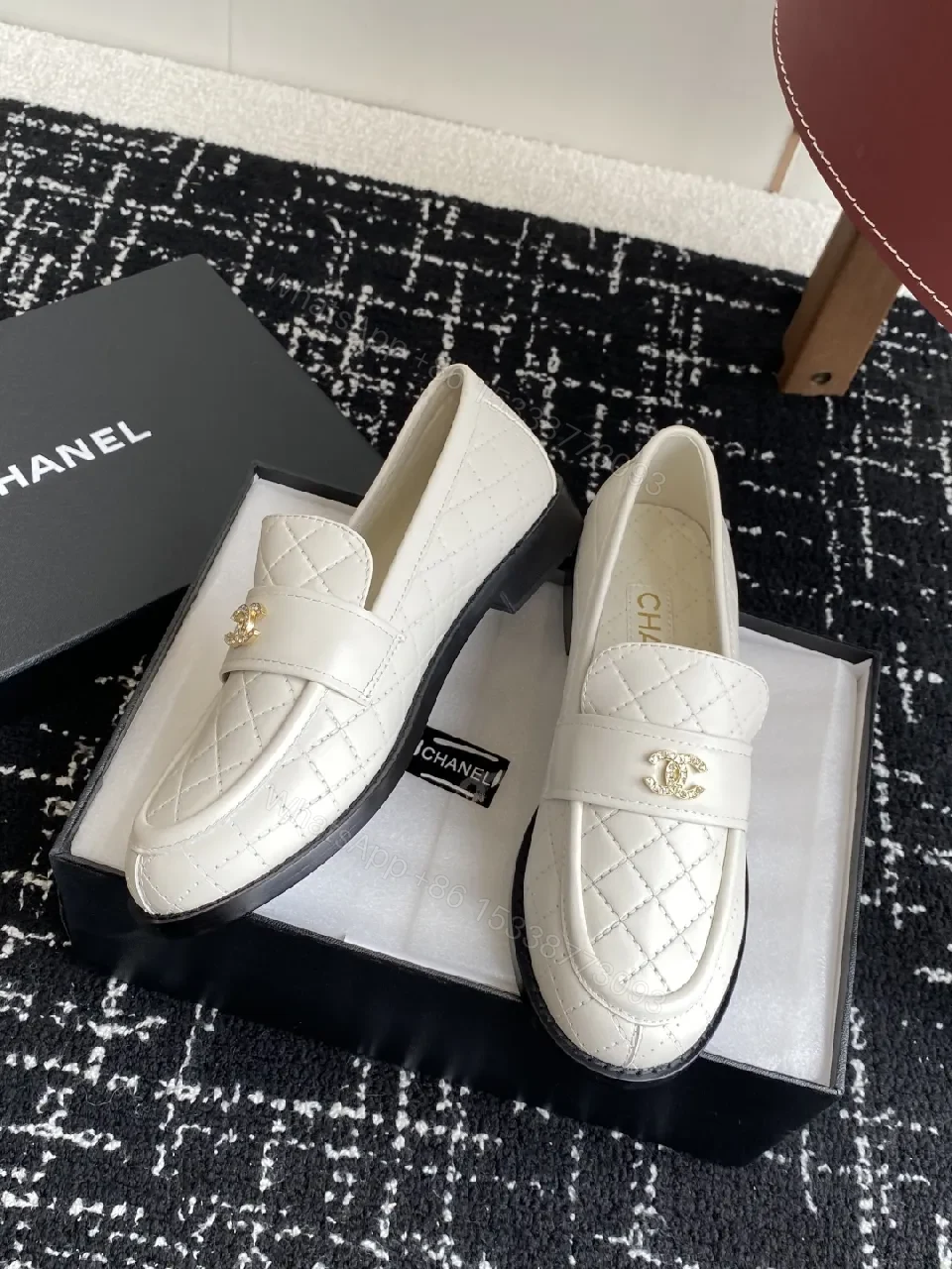 View 4 of Quilted White Leather Loafers with Gold Hardware, All-Day Comfort