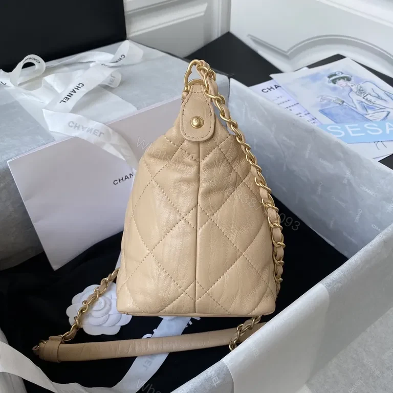 View 5 of Soft Beige Quilted Convertible Bag with Gold Chain, Leather, Chic Luxury Bag
