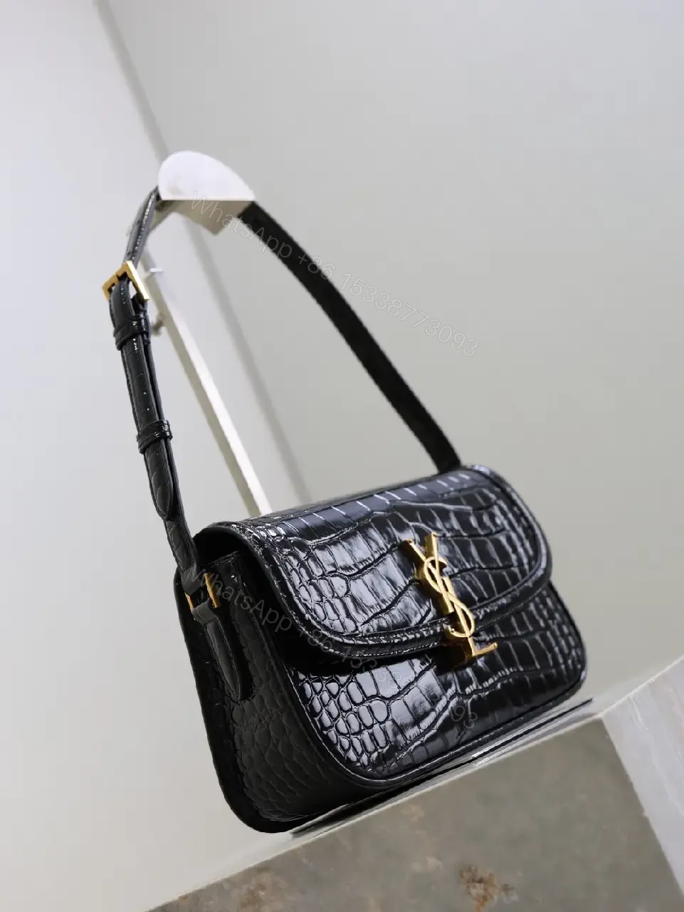 View 2 of Crocodile-Texture Leather Shoulder Bag with Gold Hardware