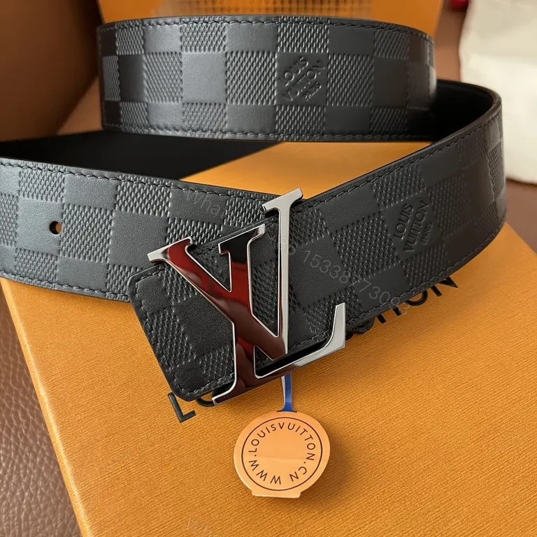 View 4 of Bold Checker LV Belt: Luxe Textured Leather, Signature Buckle