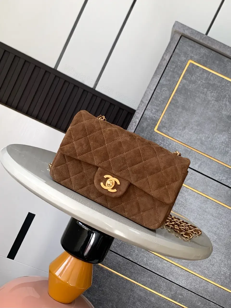 Brown Suede Quilted Shoulder Bag with Gold Hardware — view 1
