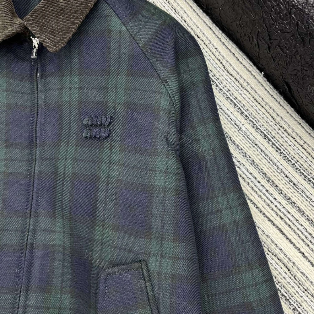 View 5 of Miumiu Checked Twill Blouson Jacket Blue And Green