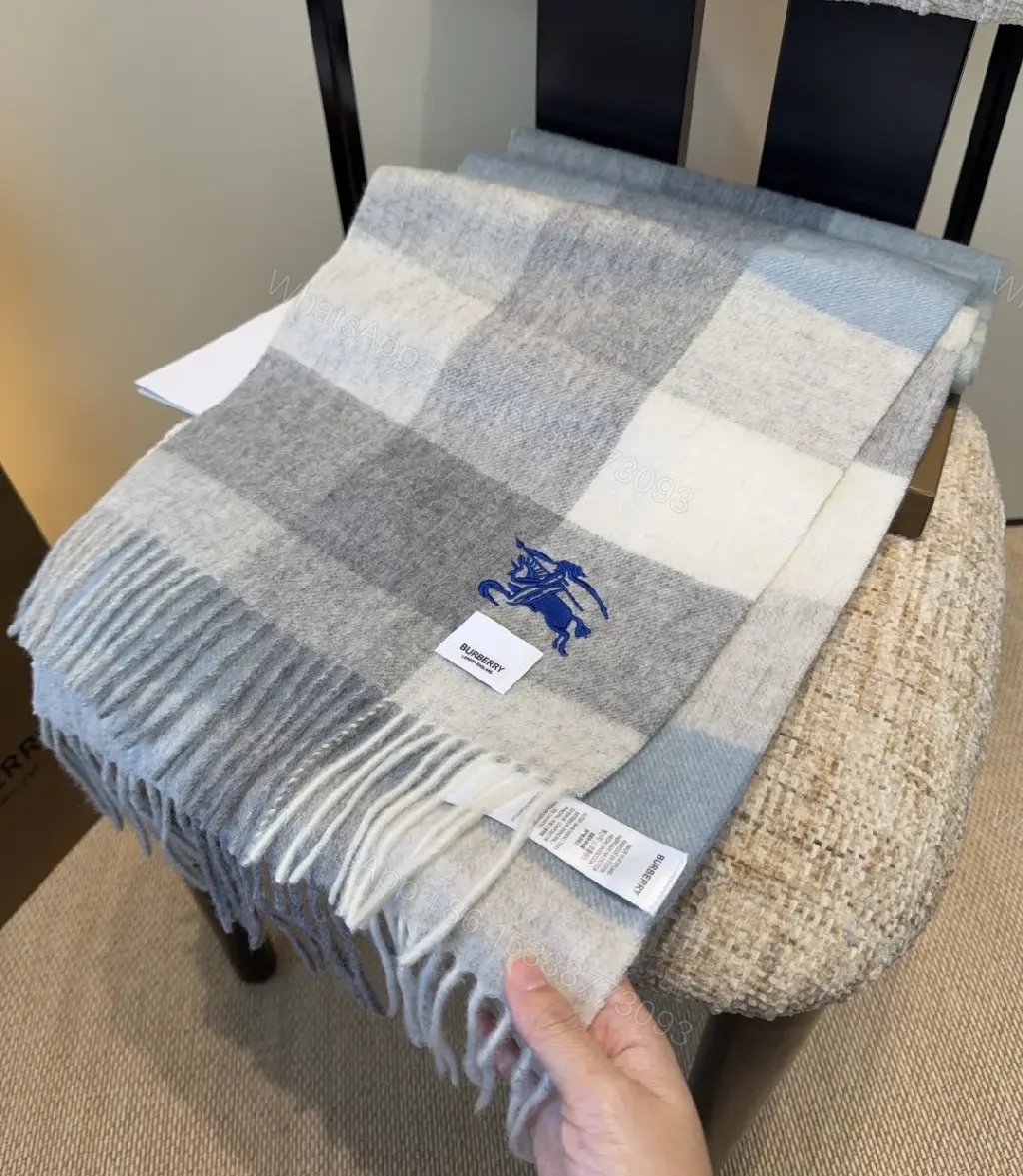 View 6 of Soft Gray Plaid Wrap Scarf – Luxury Knit Wrap with Fringe