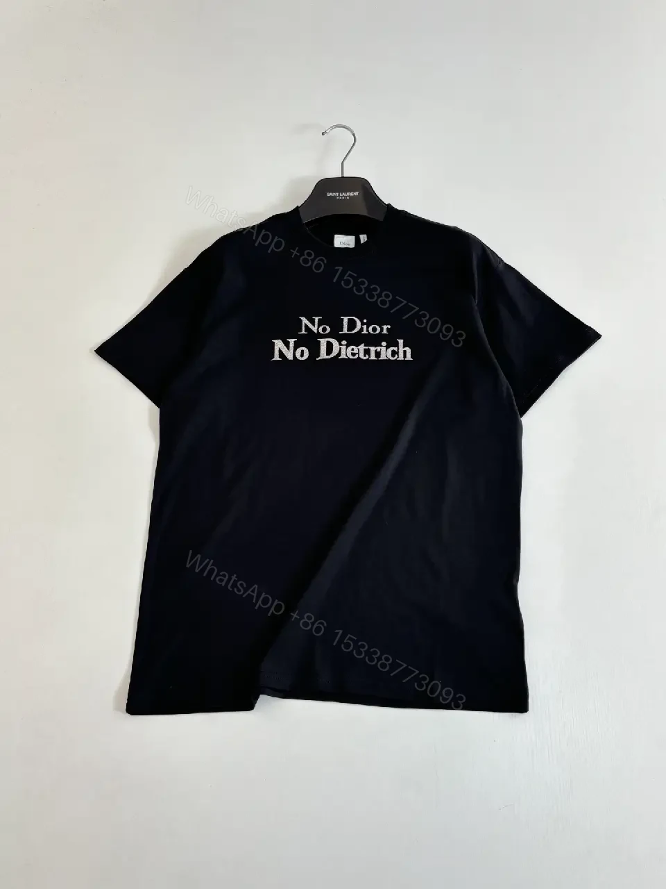 View 3 of Minimalist Black Cotton Tee with Bold No Dior No Dietrich Statement