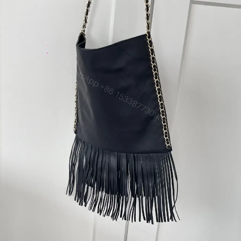 View 4 of Quilted Suede Fringe Tote: Luxe Chanel-Inspired
