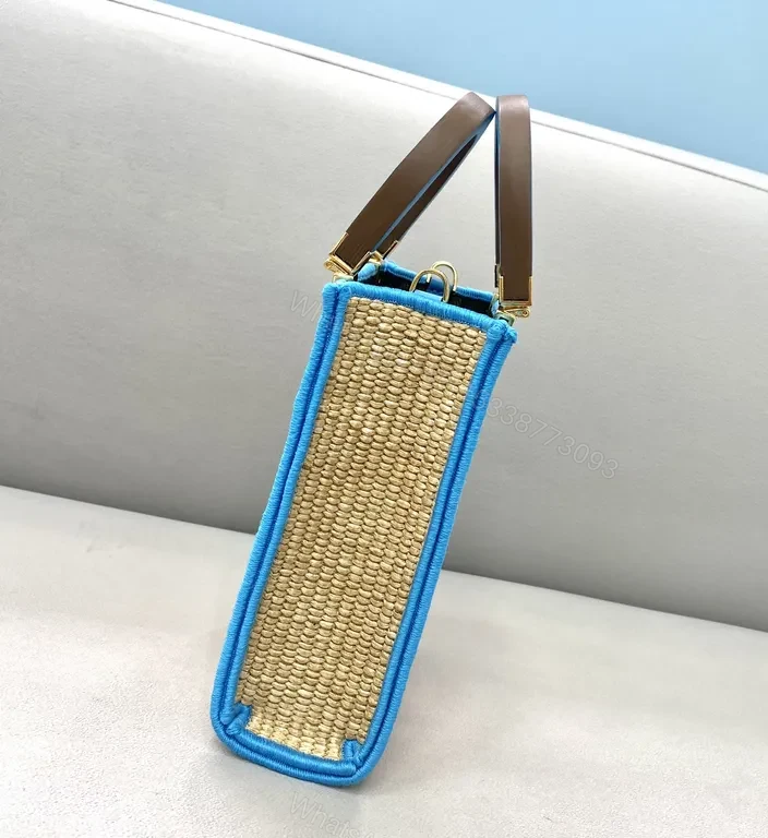 View 4 of Blue Leather-Trim Straw Tote by FENDI ROMA, Luxe Crossbody-Ready