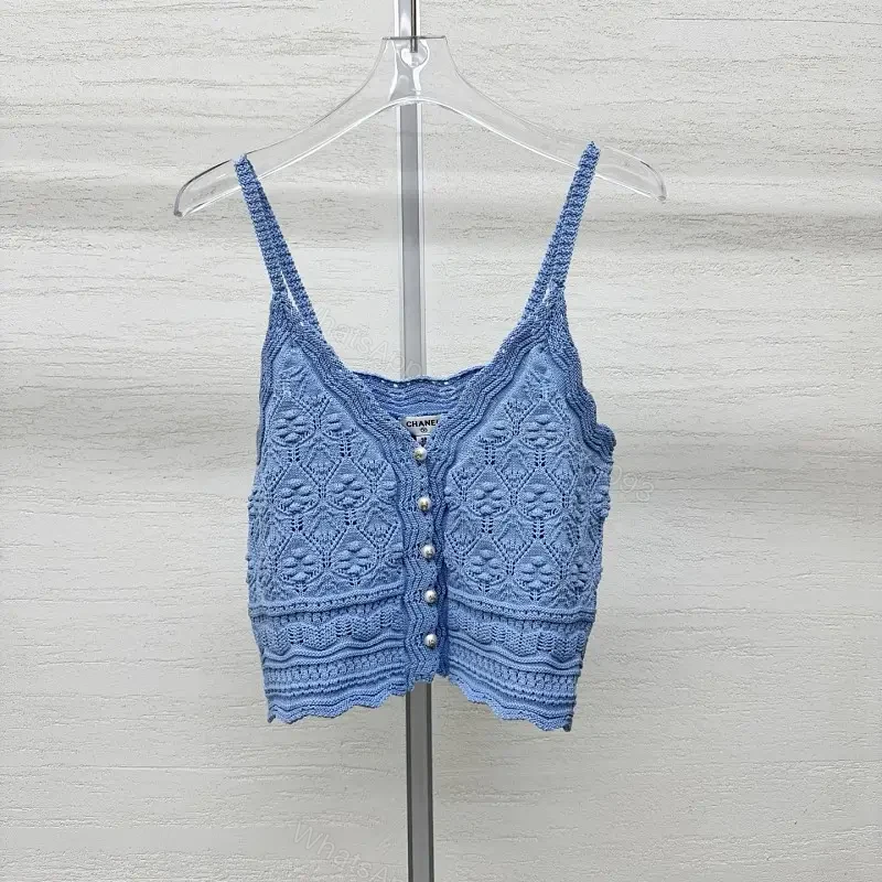 Soft Denim-Blue Crochet Tank: Luxe Textured Tank Top — view 1