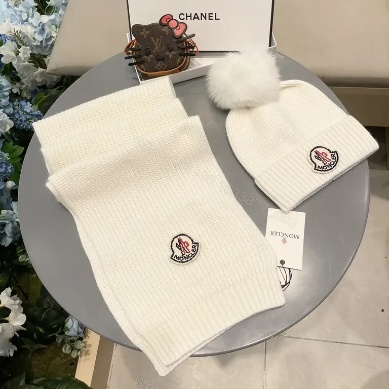 View 2 of Cozy Luxe Knit Set: White Beanie & Scarf with Moncler Patch