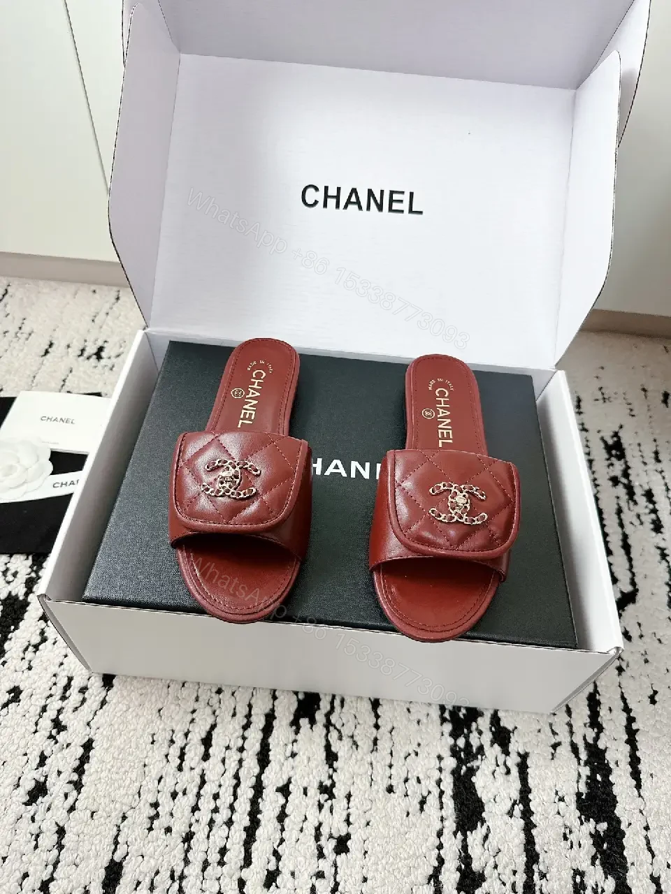 View 6 of Red Leather Chanel-Inspired Wide-Strap Slides: Luxe Everyday Elevation