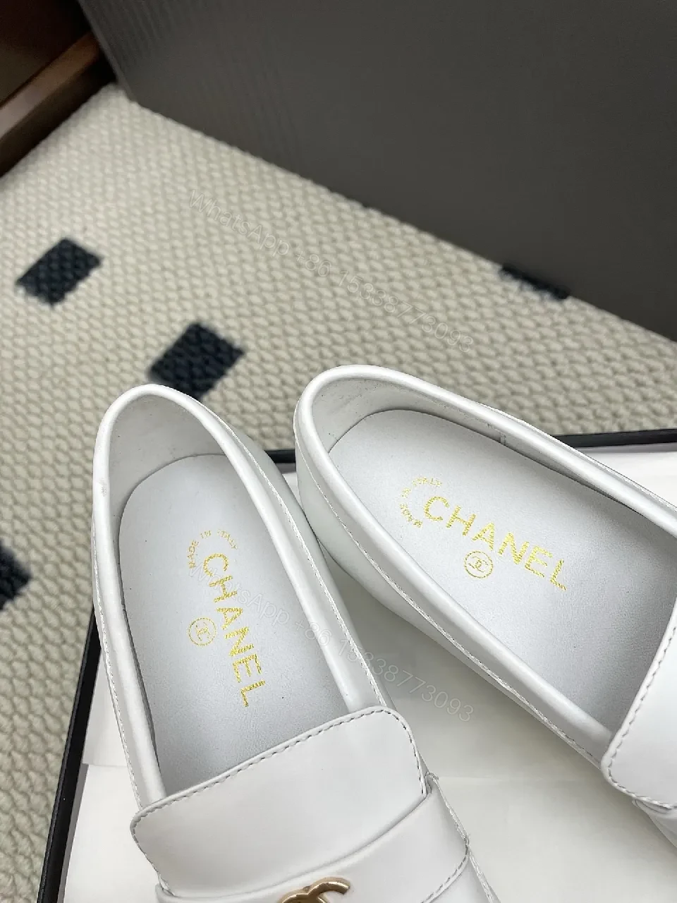 View 3 of White Leather Loafers: Gold Logo, Elevated Comfort