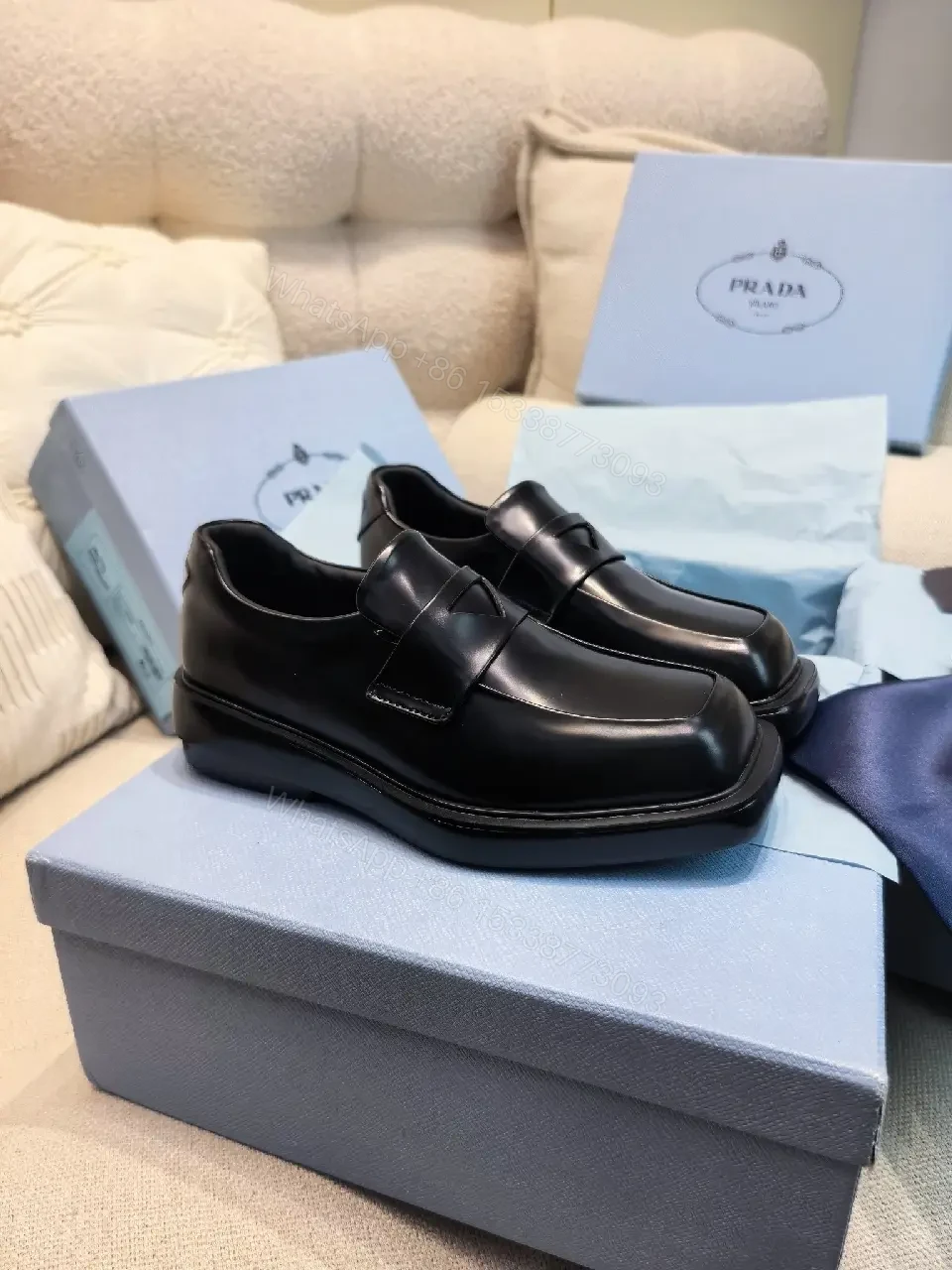View 9 of Black Leather Prada Muffin-Style Loafers - Minimalist Square Toe