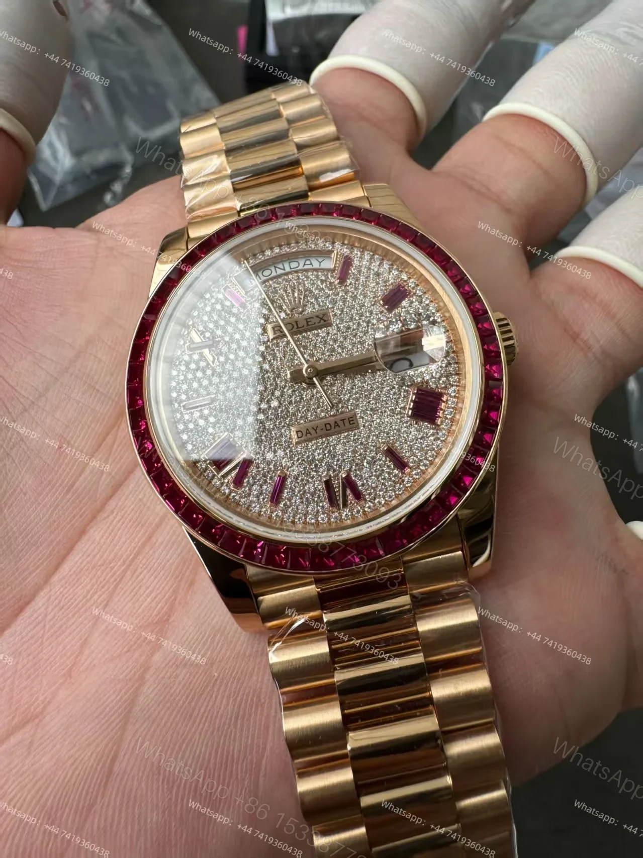 View 5 of Rolex Day-Date 228398TRU 1:1 Custom Edition Ruby & Moissanite Diamond Dial and Bezel 40MM 3255 Movement Super Clone Watch