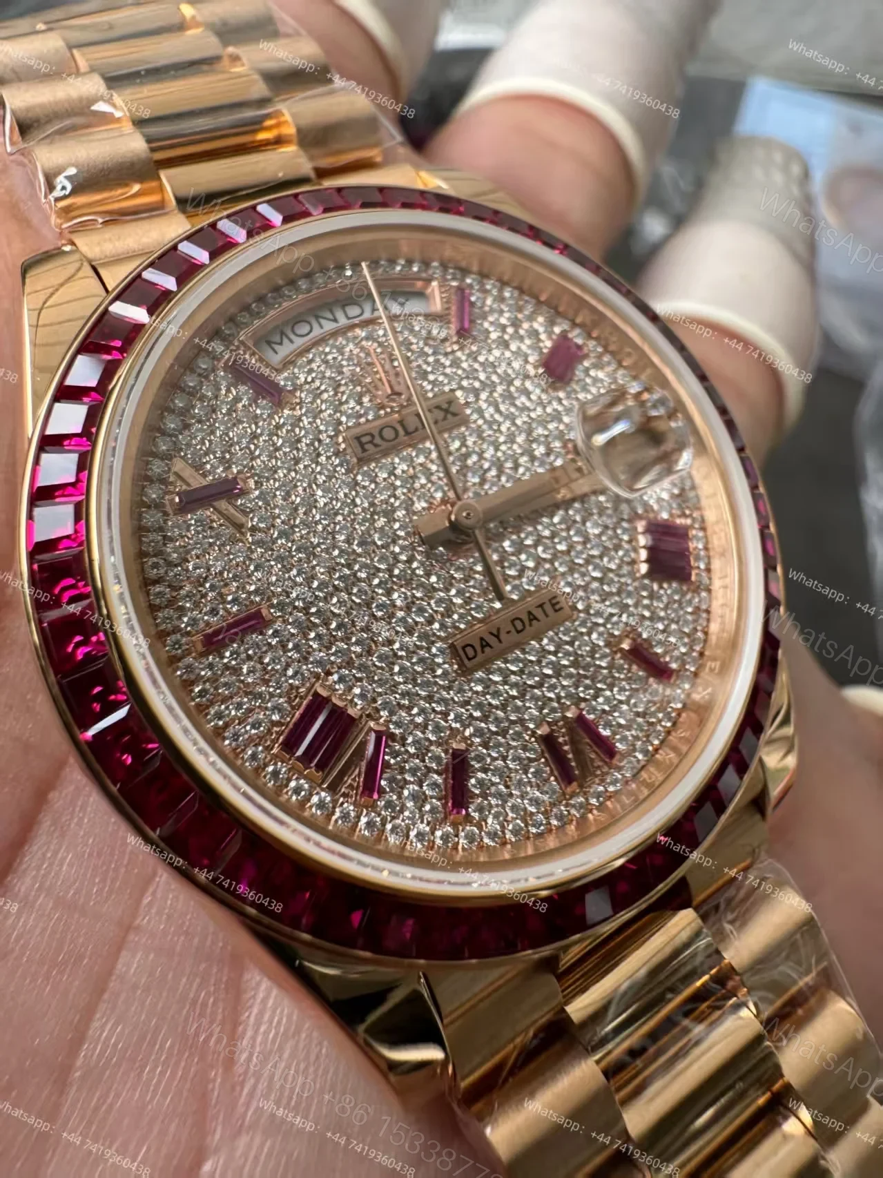 View 3 of Rolex Day-Date 228398TRU 1:1 Custom Edition Ruby & Moissanite Diamond Dial and Bezel 40MM 3255 Movement Super Clone Watch