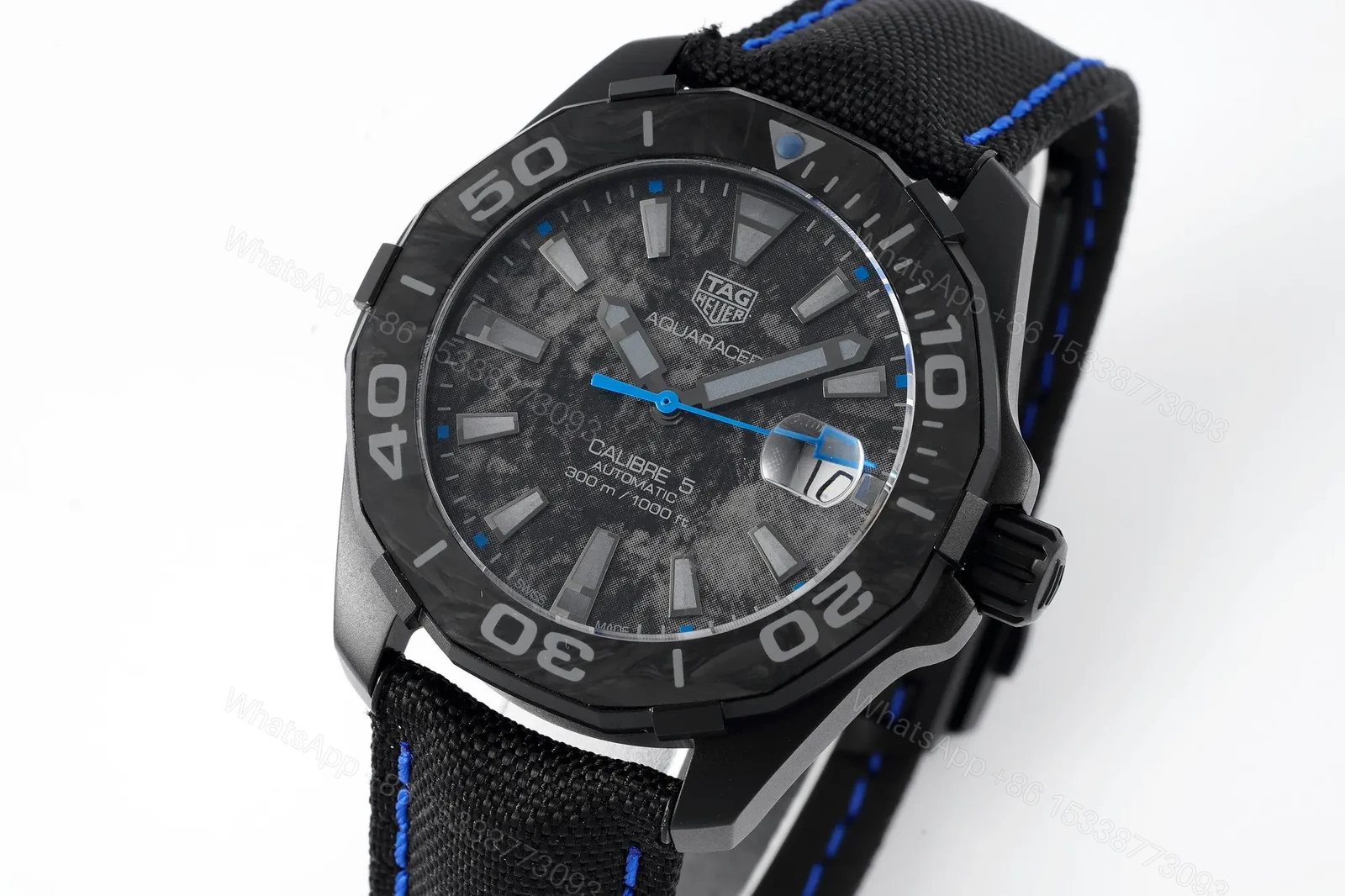 View 7 of V6 Factory TAG Heuer Super Series Black Dial Blue Stitching Strap Watch – Elegant Casual, Unique, and Dynamic