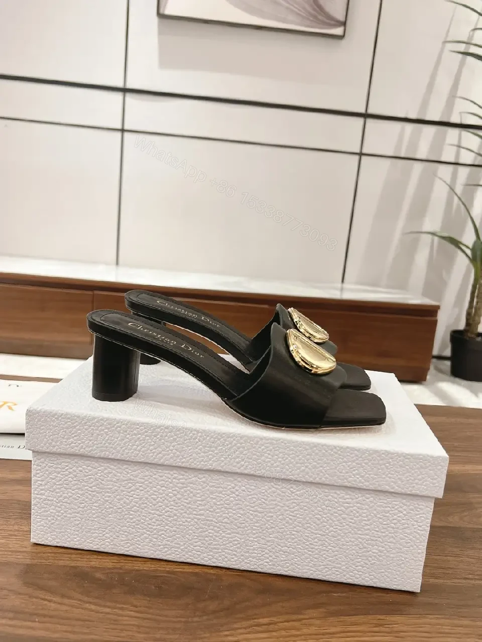 View 11 of Black Leather Sandals with Gold Logo Buckle, Dior Style, Slide Sandals