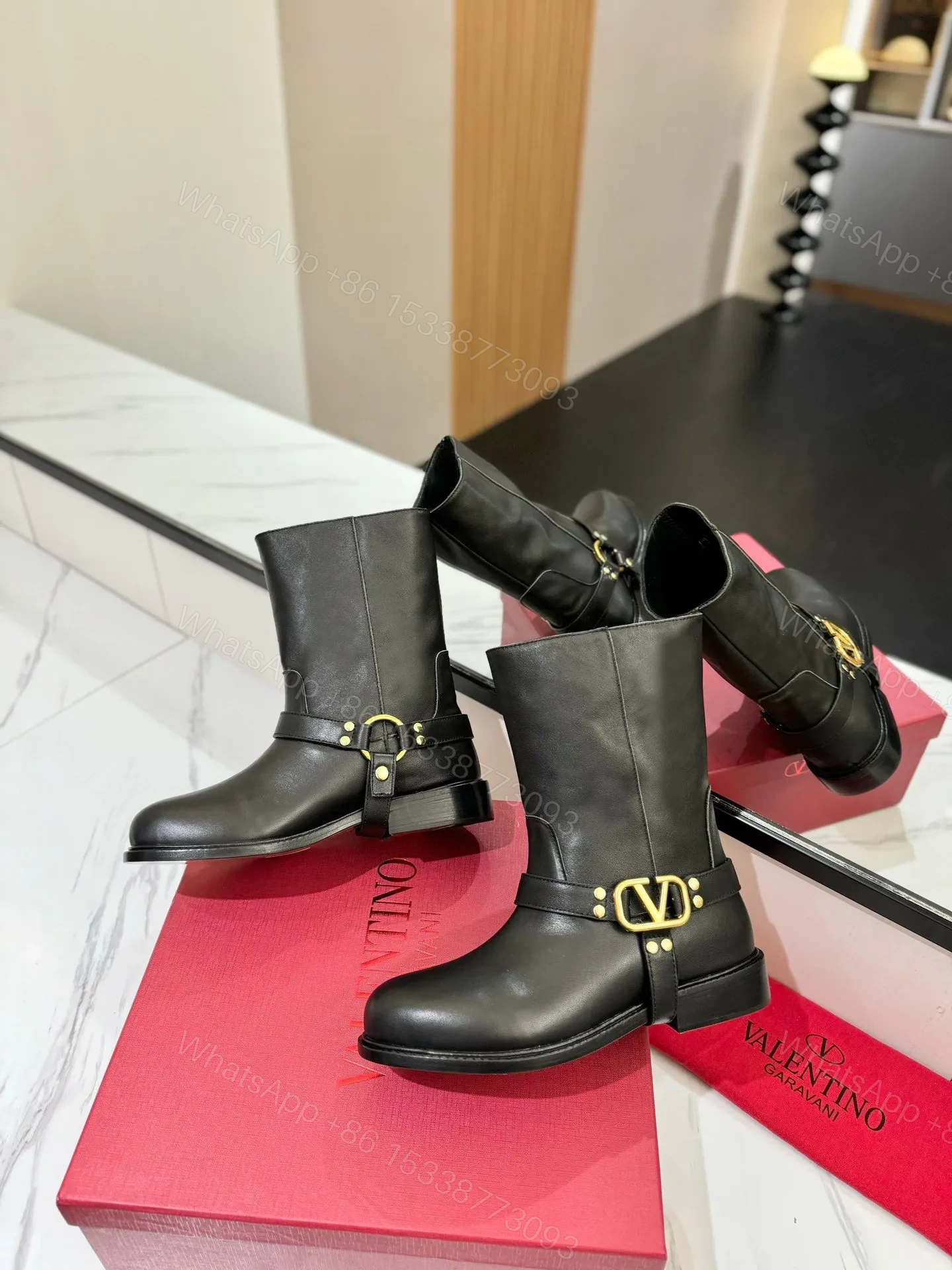 View 5 of Valentino Women Black Leather Mid-Calf Boots