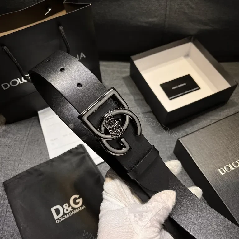 View 2 of Sleek Black Leather Belt with Crystal Crown Buckle - DG Signature