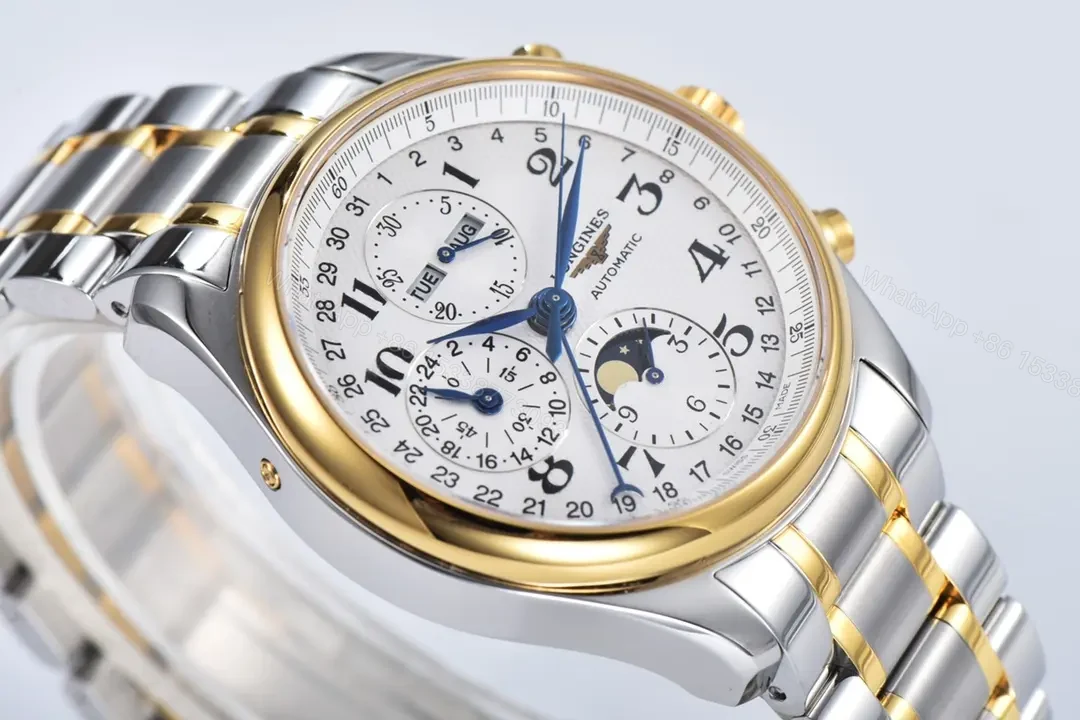 View 4 of Longines Master Collection Moonphase Chronograph Watch Silver Dial Two Tone Stainless Steel Bracelet Classic Elegant Style
