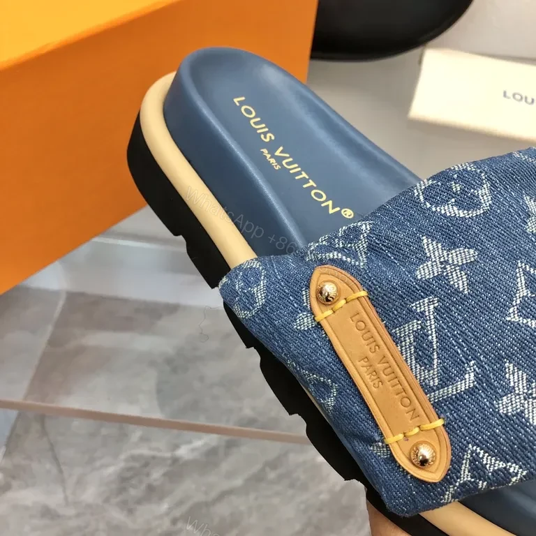 View 8 of Denim Monogram Slides: Luxe Comfort for Summer Style