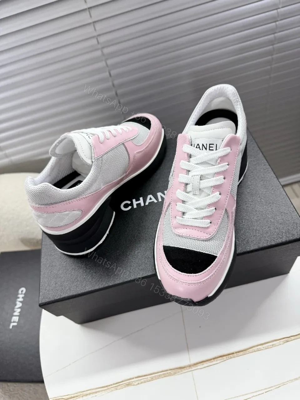 View 6 of Pastel Pink Suede-White Mesh Sneaker with Black-Toe Cap