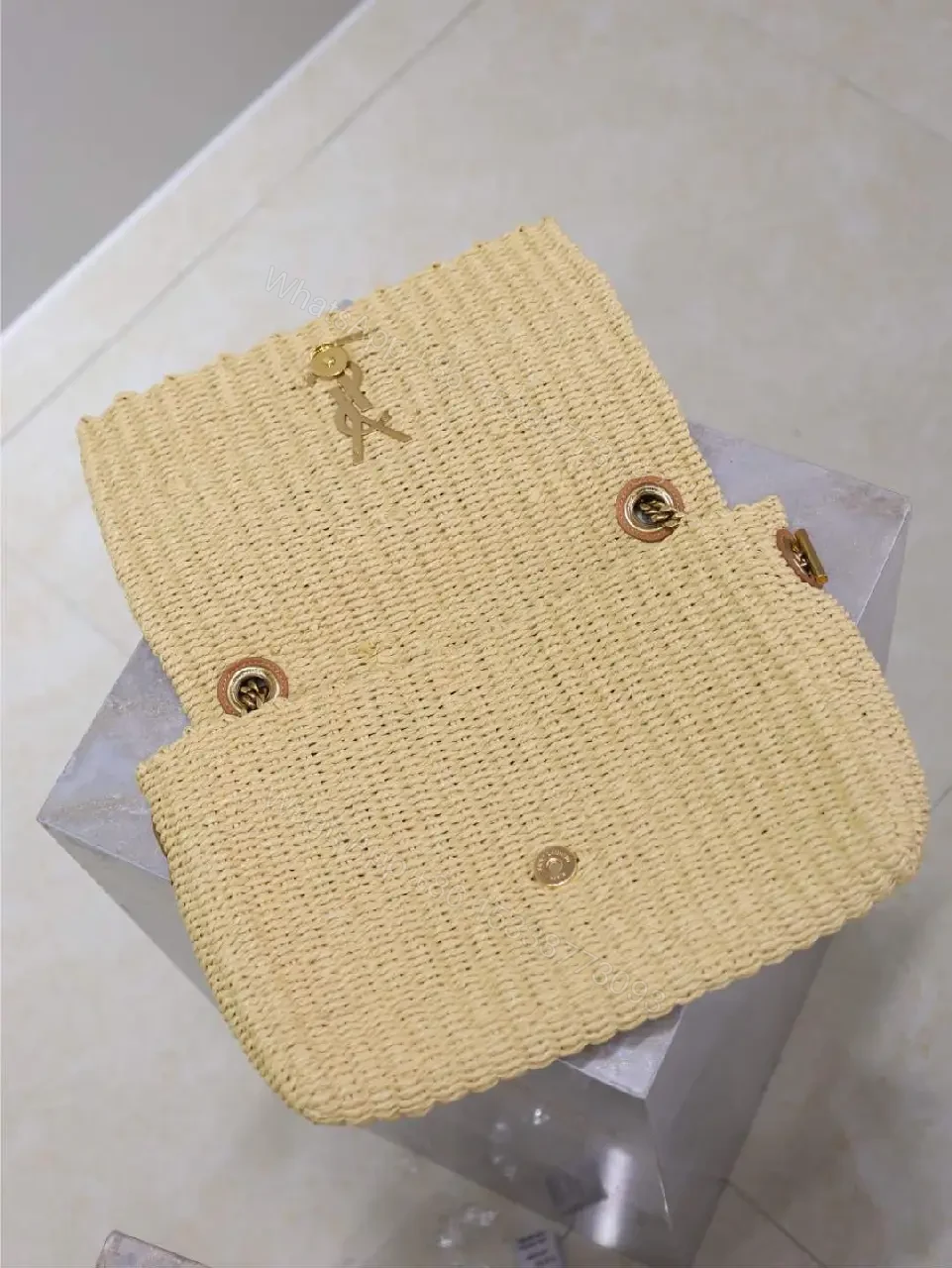 View 5 of Natural Straw Clutch with Signature Hardware, Fold-Over Accent + Compact