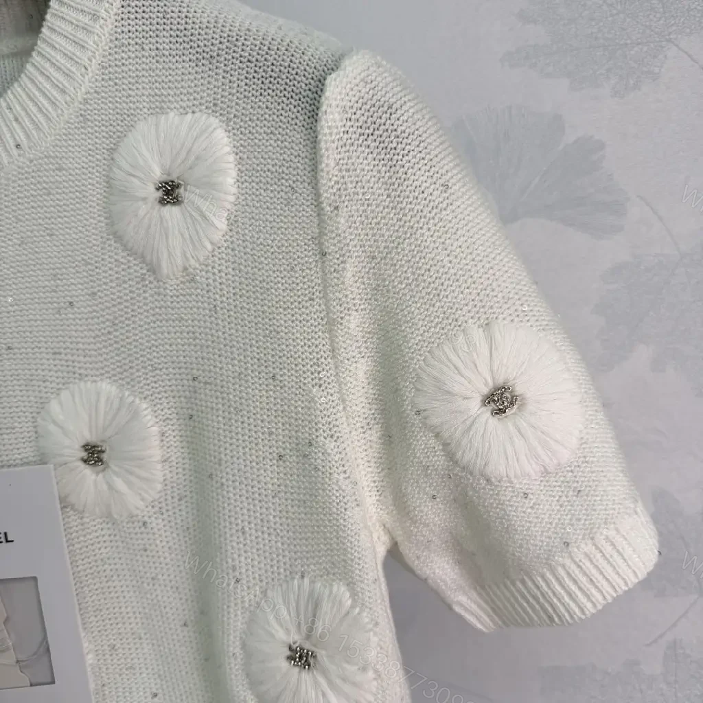 View 7 of White Knit Polo Top with Daisy Floral Embellishments, Pullover