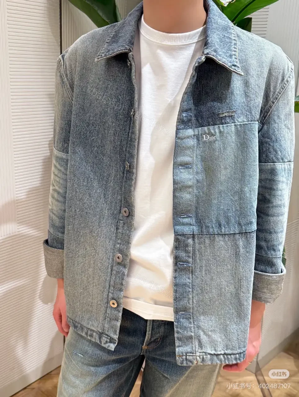 View 2 of Denim-Texture Button-Front Jacket: Subtle Luxury Unisex
